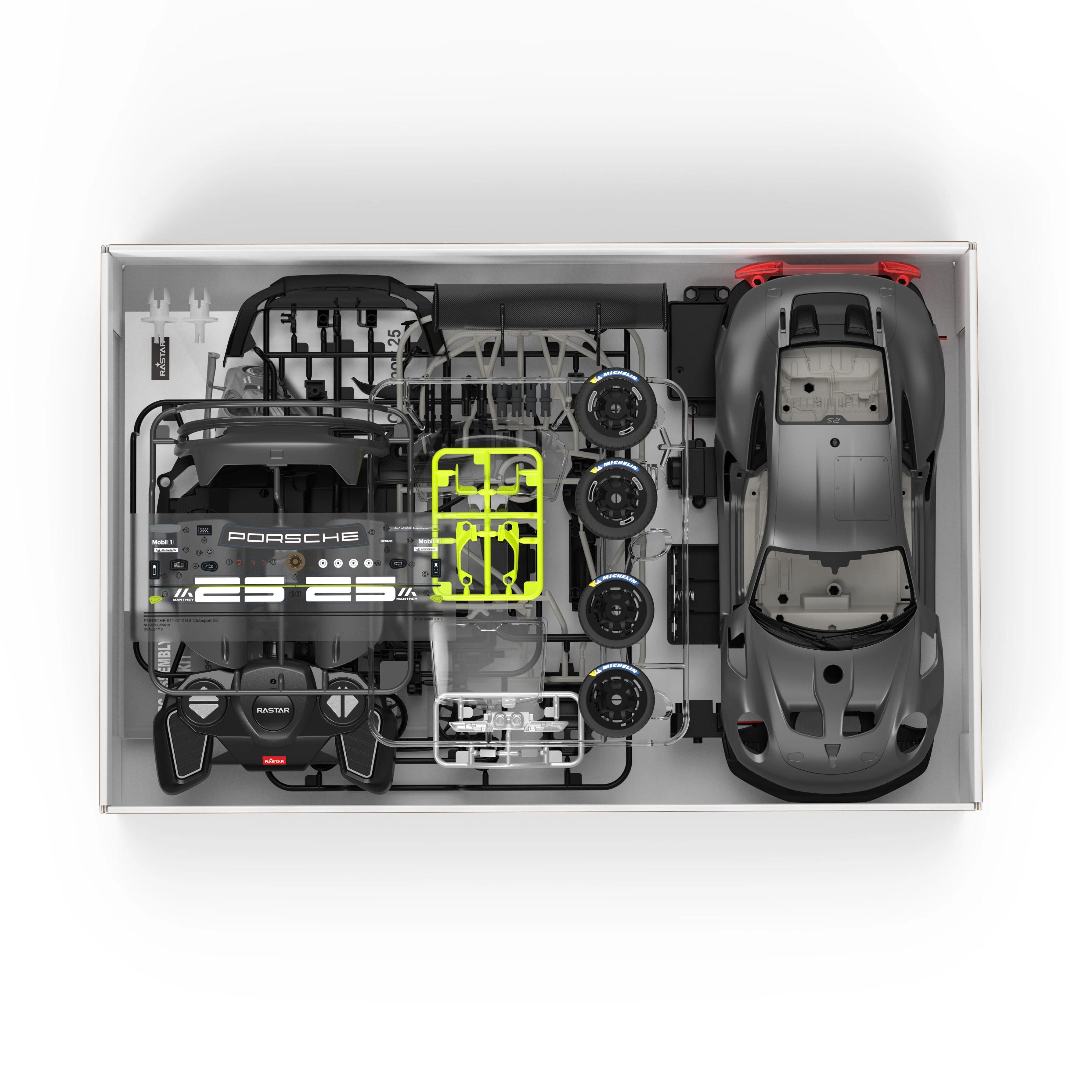 Porsche 911 GT2 RS Clubsport 25 1/18 Scale DIY Building Kit Licensed with Remote Control and Customization Stickers by Rastar, 68pcs - Image 6