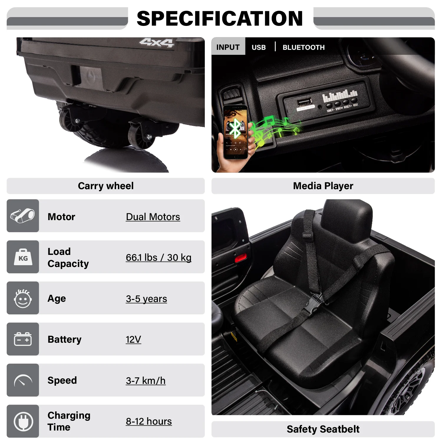 Licensed RAM 1500 12V Ride-On Truck for Kids Ages 3+, Electric Vehicle with Parent Remote Control, Dual Speed, Suspension, LED Lights, MP3, Cargo Storage - Image 4