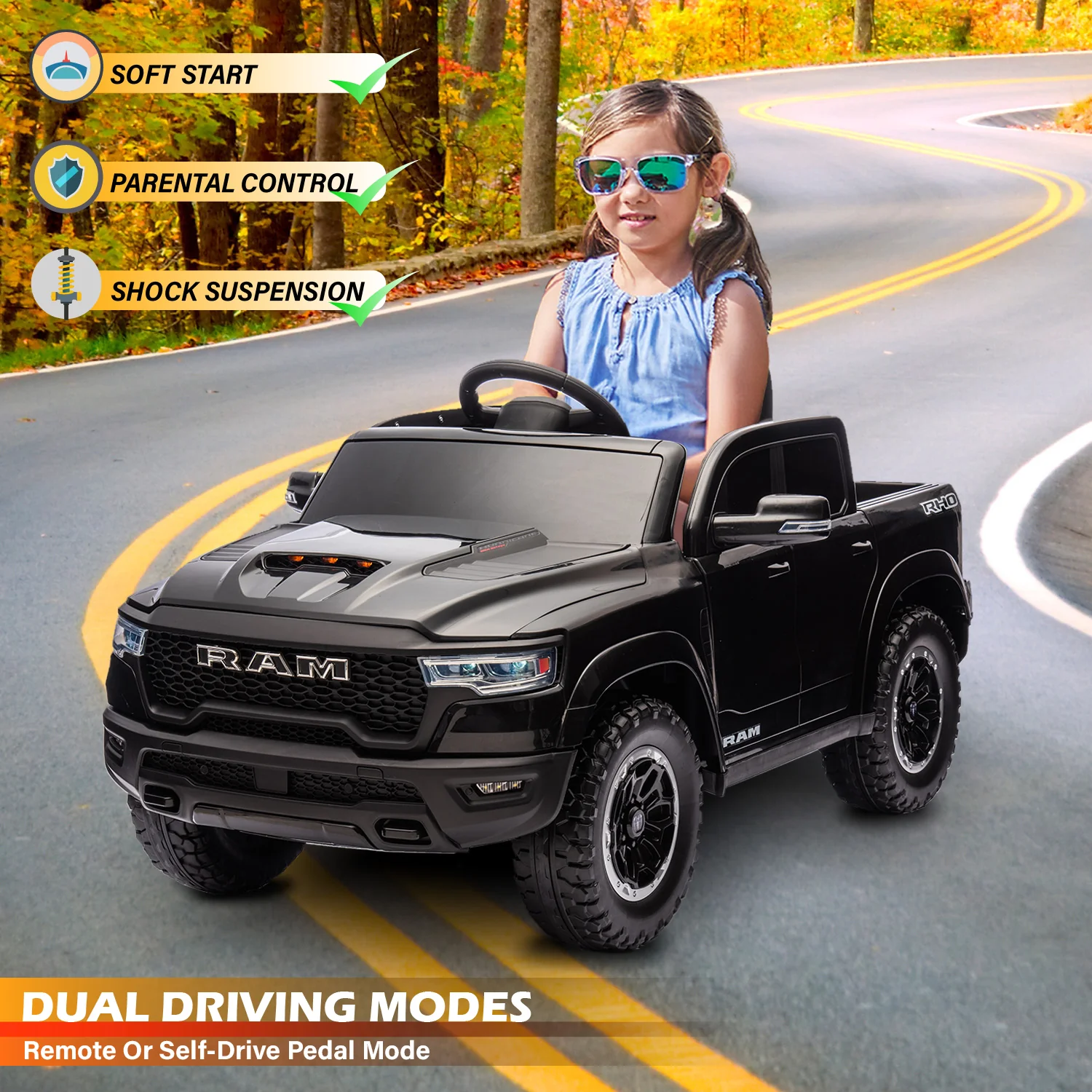 Licensed RAM 1500 12V Ride-On Truck for Kids Ages 3+, Electric Vehicle with Parent Remote Control, Dual Speed, Suspension, LED Lights, MP3, Cargo Storage - Image 6
