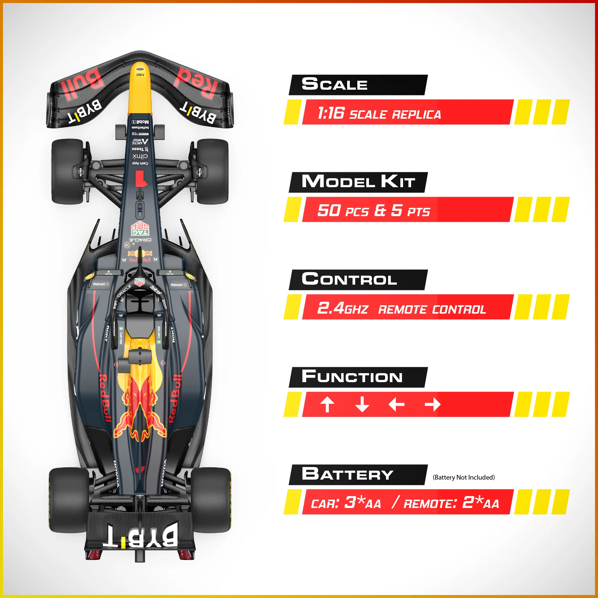 Red Bull F1 RB19 1/16 Scale DIY Building Kit Licensed with Remote Control and Customization Stickers by Rastar, 55pcs - Image 5