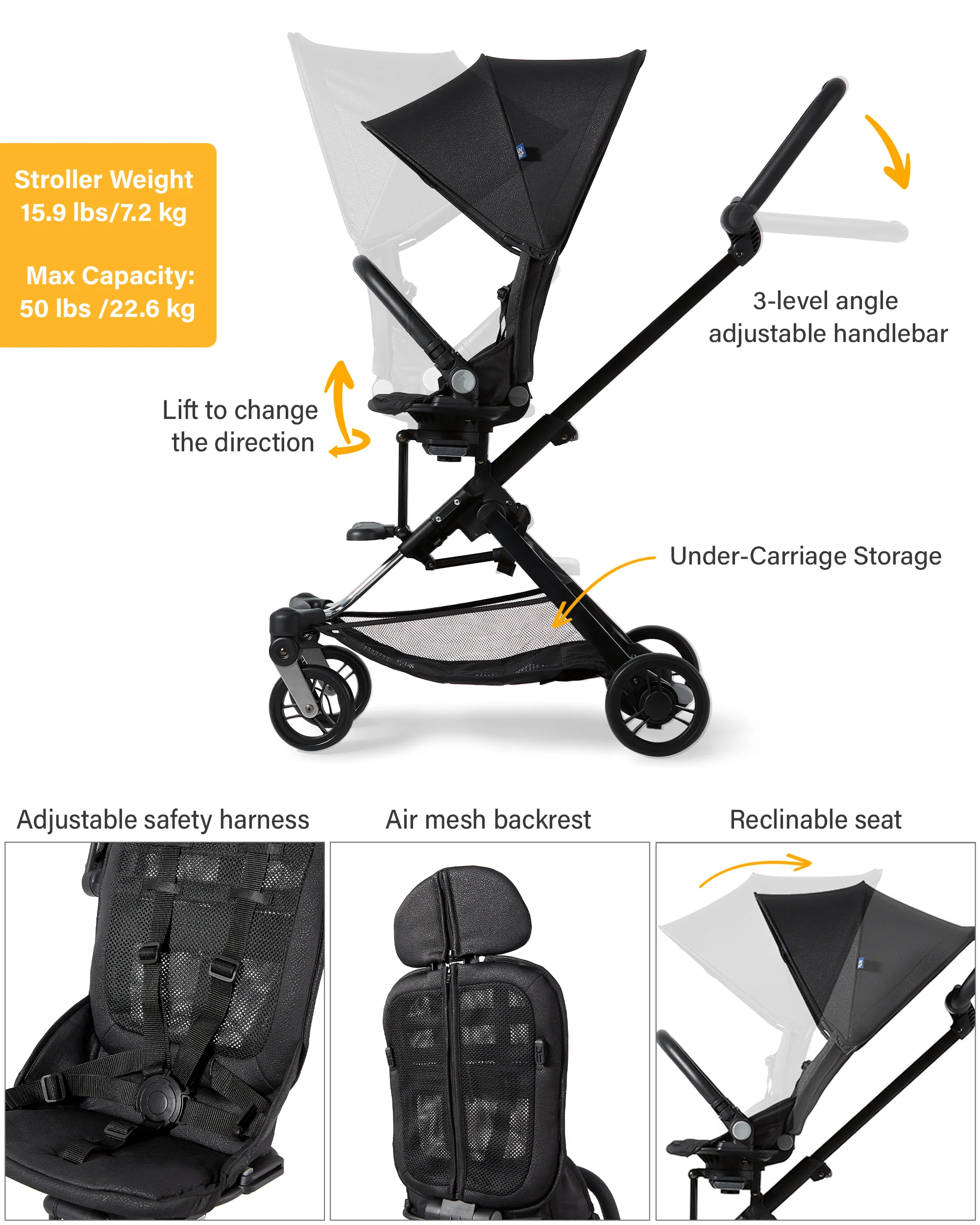 Unilove On The Go 2-in-1 Lightweight Stroller, Bubble Black - Image 5