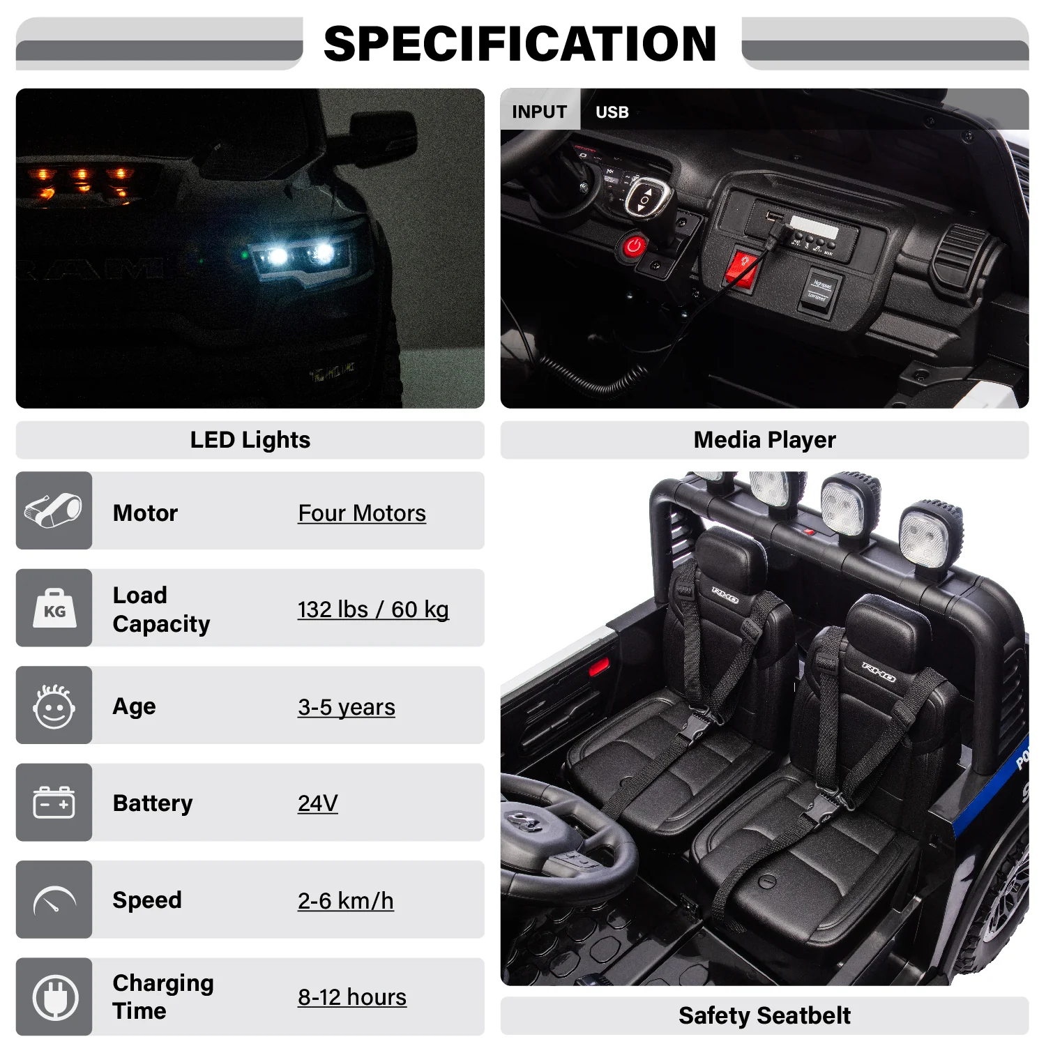 Voltz Toys Licensed RAM 24V 2 Seater Police Ride-On Truck for Kids [Limited Edition] - Image 3