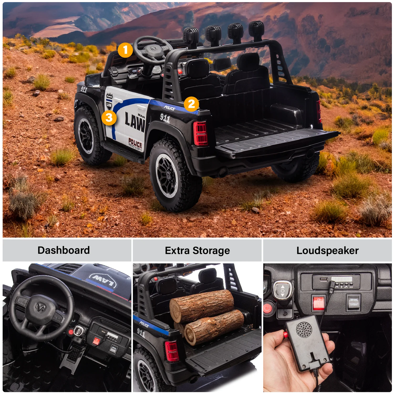 Voltz Toys Licensed RAM 24V 2 Seater Police Ride-On Truck for Kids [Limited Edition] - Image 4