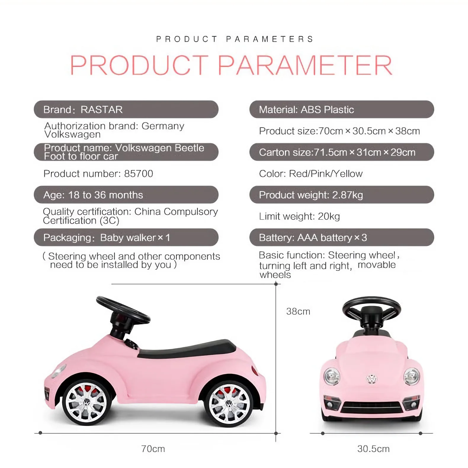 VW Volkswagen Beetle Kids Foot to Floor Push Along Ride-On Car Rastar, Licensed - Image 7